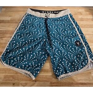 Vissla Boardshorts Size 30 Teal Geometric Surf Swim Shorts Eco Coconut Fiber